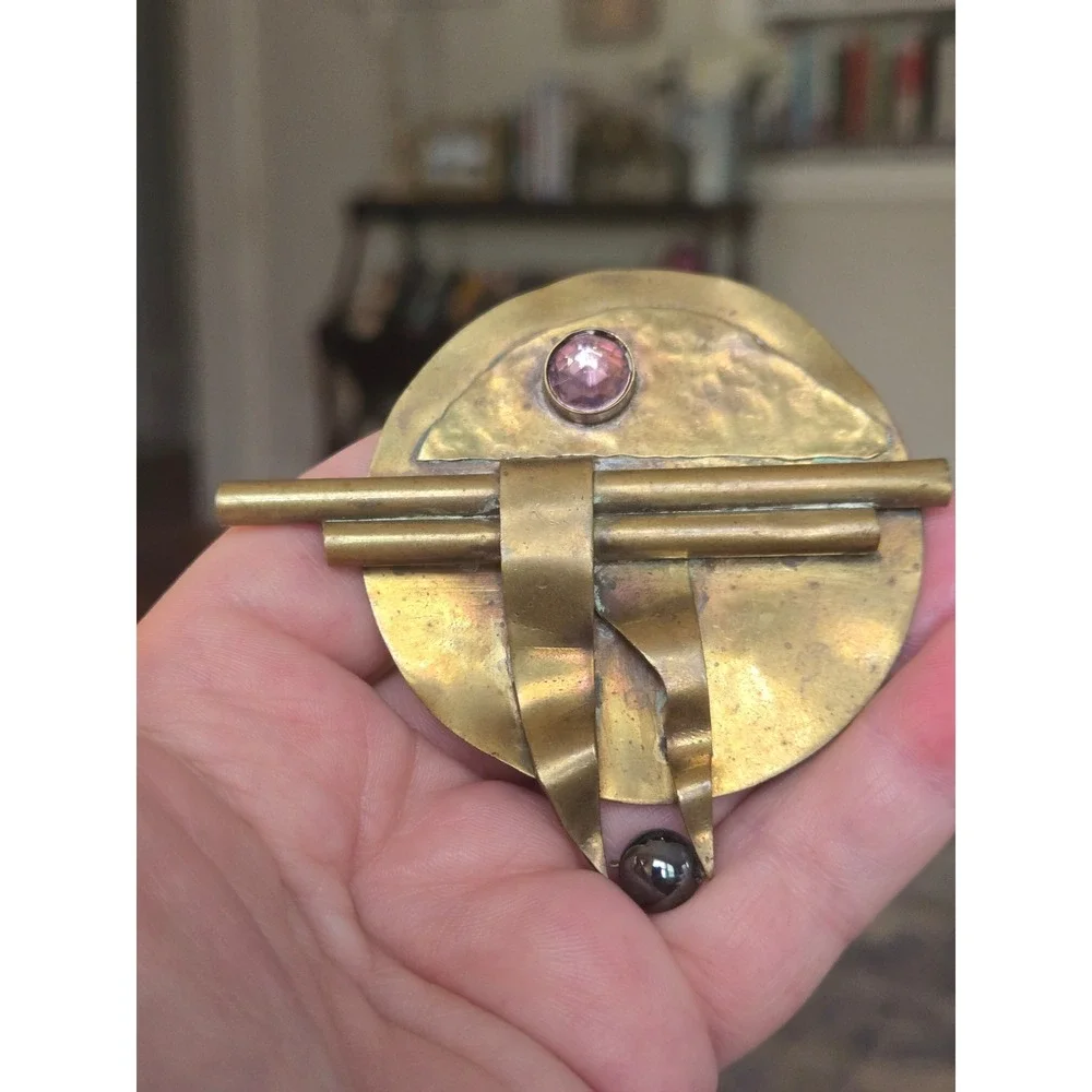 Artisan Brutalist Brass Brooch Amethyst Black Pearl Art Deco or Nouveau Vintage